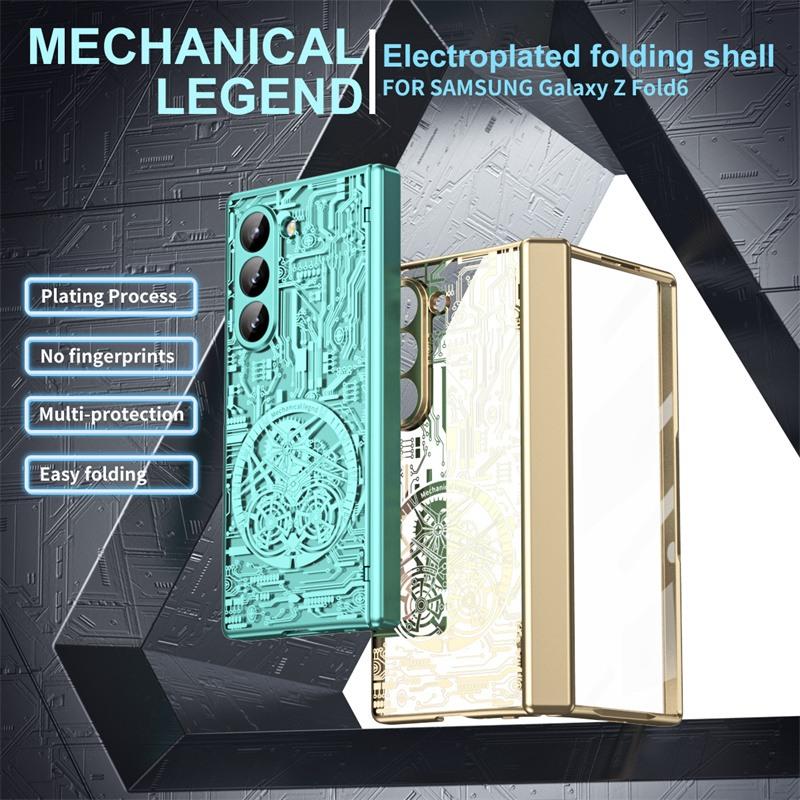 For Samsung Galaxy Z Fold8 Ultra 7 6 5 4 3 2 Mechanical Legend Plating PC Hinge Full Body Cover Rugged Case With Tempered Glass