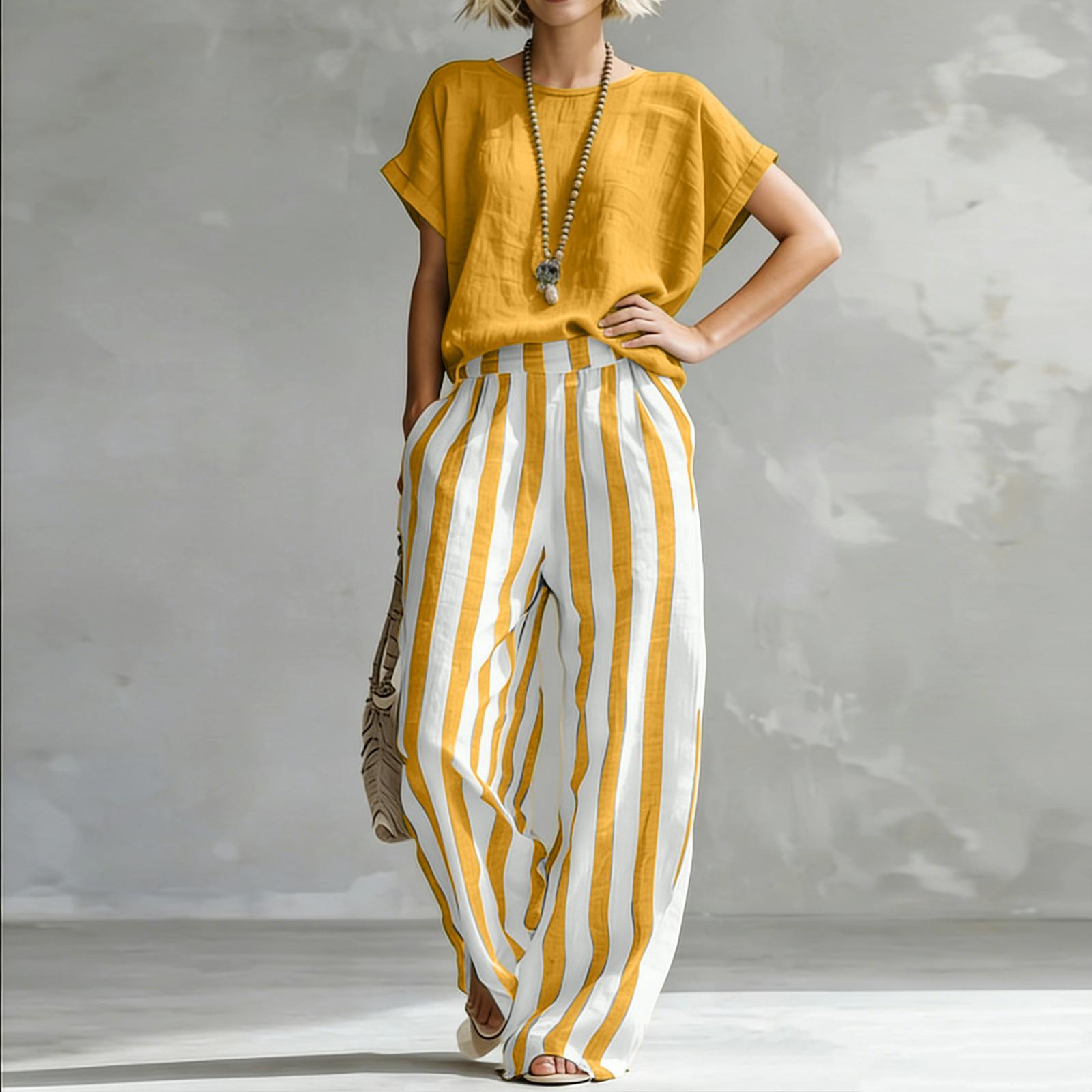 

Women s Color Striped Casual Fashion Pocket Cotton And Linen Two-piece Set XL