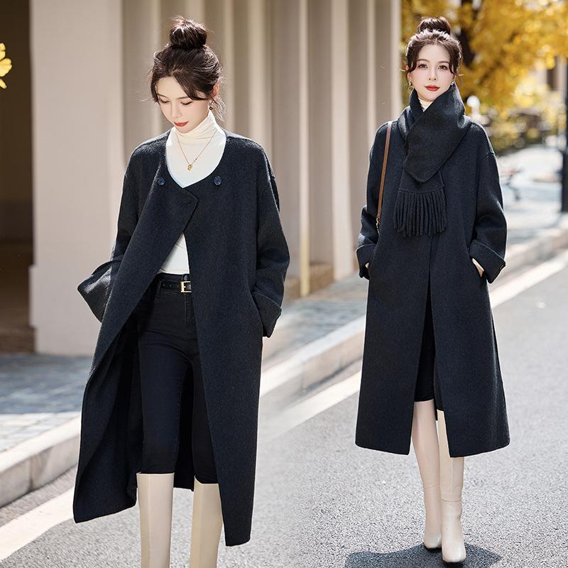 

Осень и зима новая мода бахрома шарф двустороннее шерстяное пальто женское длинное темперамент шерстяное пальто L чёрный