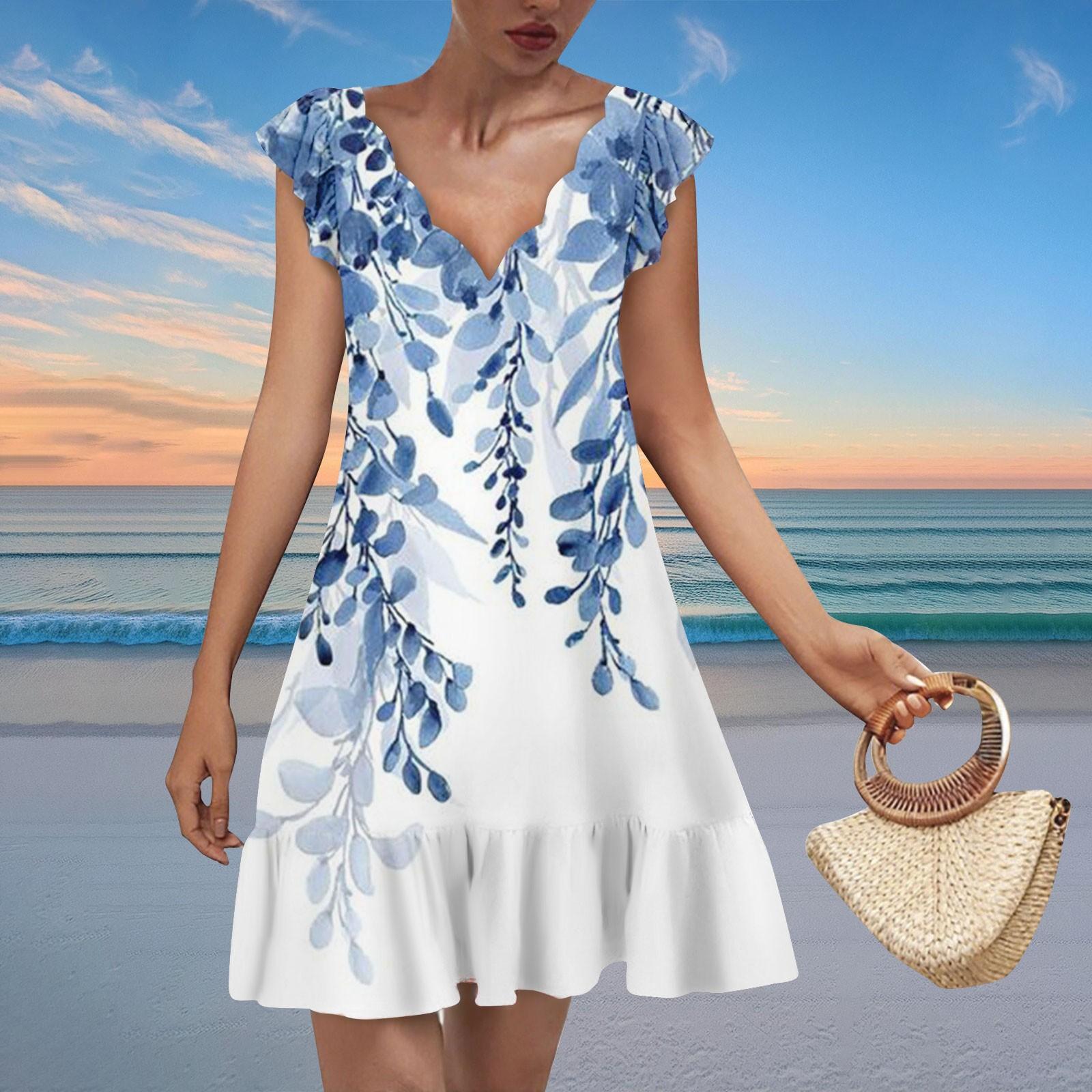

Женское модное повседневное платье с V-образным вырезом, волнистым краем и принтом, с коротким рукавом L синий