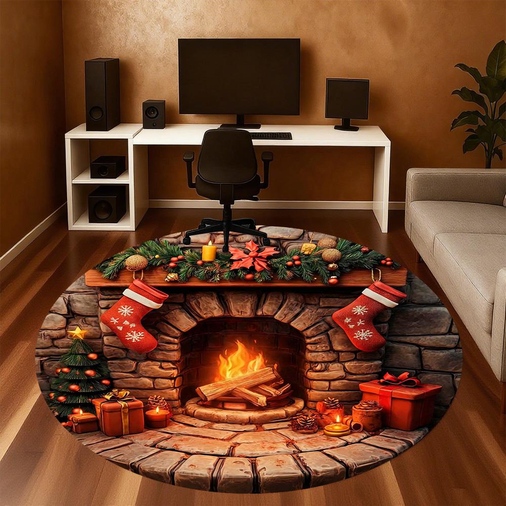 1 Stück Weihnachten Kamin Büro Runder Teppich, Unter Bürostühlen Schlafzimmer Wohnzimmer Heimdekoration, Teppich für Büro, -1110188