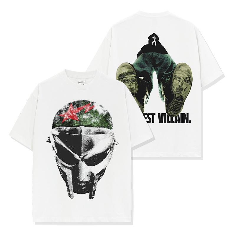 Americké Americké Hip Hopové MF Doom Tištěné Tričko s Krátkým Rukávem Volný Kulatý Výstřih Pánské a Dámské Retro Módní Top s Krátkým Rukávem