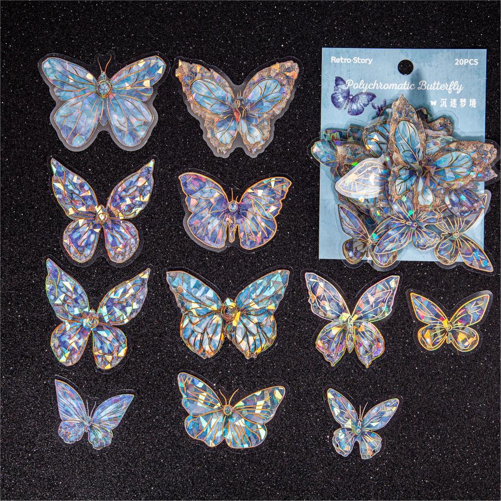 20-Piece Retro Glitter Butterfly Sticker Pack, Sparkly Decor for Journal & Scrapbook