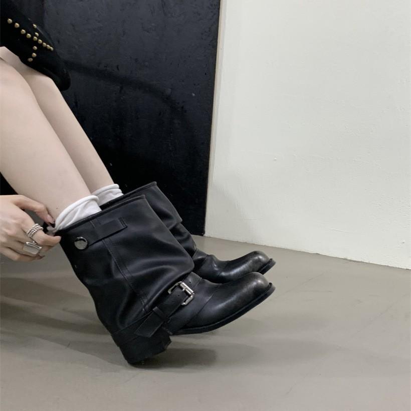 2025 Autumn New Western Cowboy Boots Women's Pleated Pile Black Round Head Retro Thick Heel Knight Boots Women