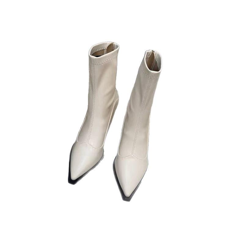 High-heeled short boots women's 2025 autumn and winter new Korean version versatile pointed ankle boots French retro brown elastic thin boots