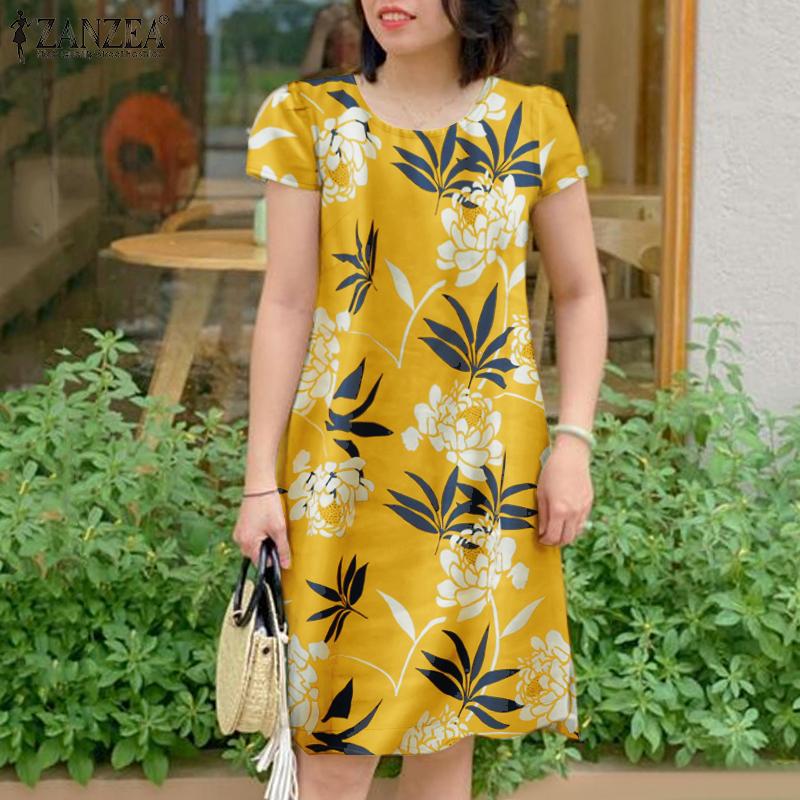 

ZANZEA Women Casual Round Neck Short Sleeve Floral Print Summer Dress 5XL синій