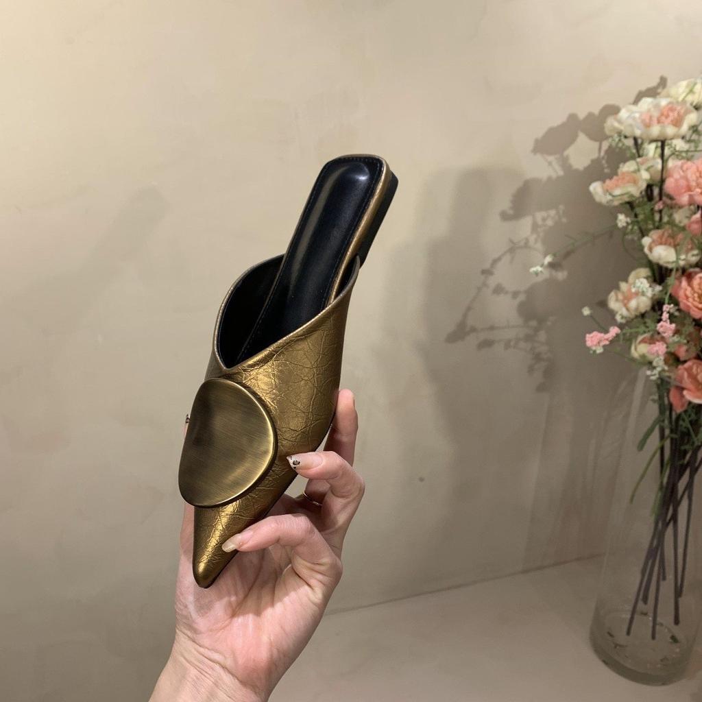 European Station Bag Head Cool Slippers Women's Word with Summer Pointed Head Flat Bottom Metal Slippers Outside Wear