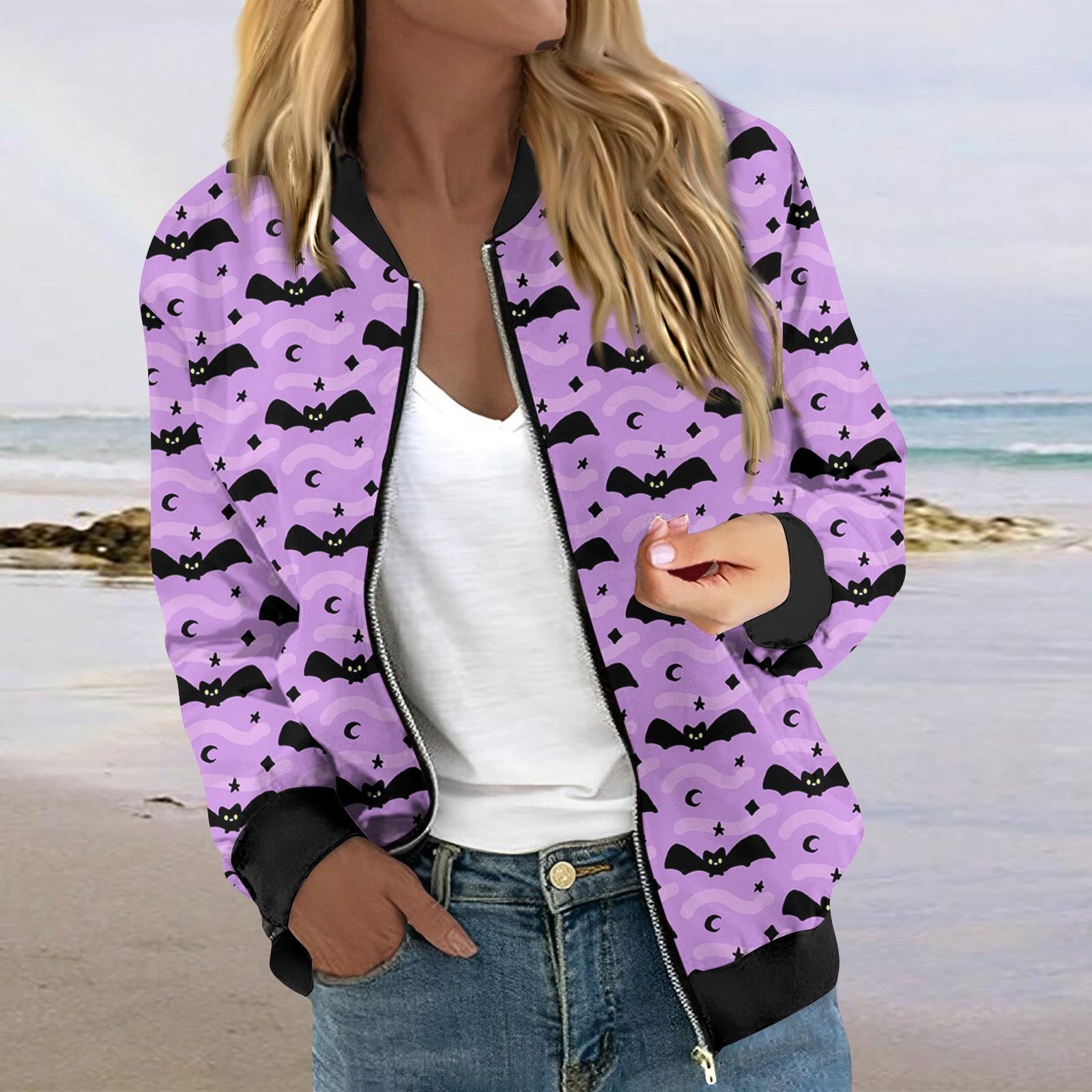 

Куртки для женщин с длинным рукавом, легкие, на молнии, укороченные, с принтом на Хэллоуин, верхняя одежда, повседневные стеганые куртки с карманами M фиолетовый