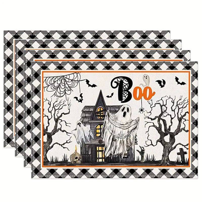 4PCS Halloween Table Placemats 30*45cm Linen Ghost Festival Atmosphere Table Mat Bat Pumpkin Spider Web Dining Table Decorations