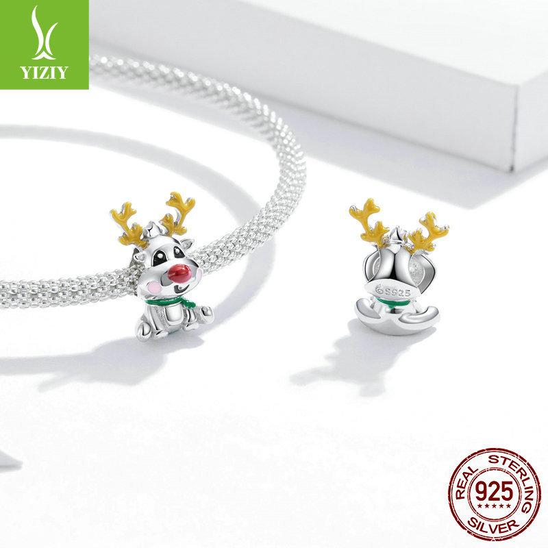 Christmas Series Silver Beads Charm Snowflake Reindeer S925 Silver Beaded Pendant Accessories