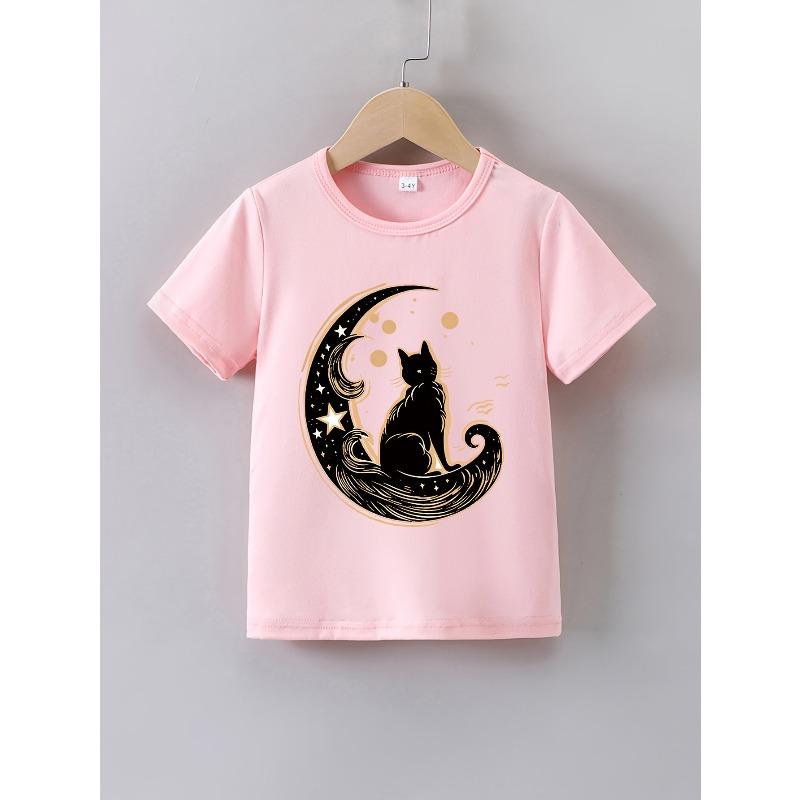 Girls' Summer Short-Sleeve T-Shirt with A 'Beautiful Moon Cat' Print