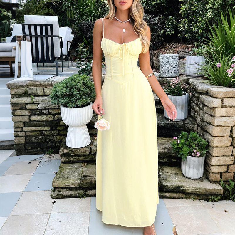 

Elegant Evening dress Short sleeve Solid One piece Dress Women clothing Autumn and Winter Pale yellow S