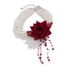 Halloween Dark Blood Pearl Beaded Necklace Female Creative Rose Flower Multi-Layer Fringed Neck Chain