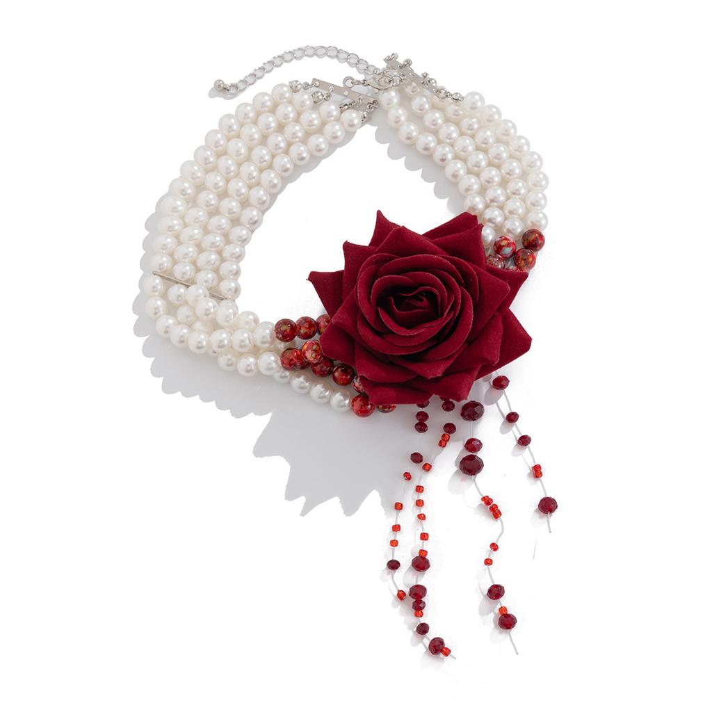 Halloween Dark Blood Pearl Beaded Necklace Female Creative Rose Flower Multi-Layer Fringed Neck Chain