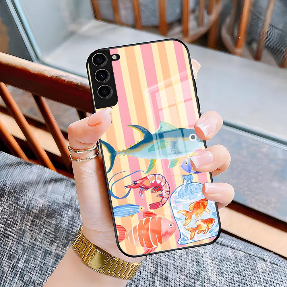 

Чехол для телефона с сардинами для Samsung A25 A13 A33 5G A54 A36 A35 A56 A52 A14 Ударопрочный стеклянный чехол Samsung A24 4G