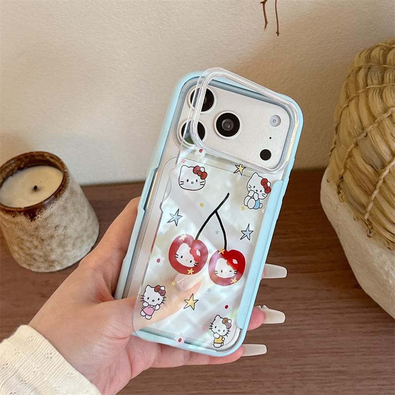 Cute Light Blue Hello Kitty Cherry Phone Case For iPhone 17 16 15 14 Pro Max Star Pattern Clear Protective Cover