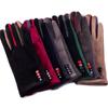 Autumn Winter Female Button Suede Leather Velvet Cashmere Full Finger Warm Bow Glove Women Embroidery Touch Screen Mitten F9