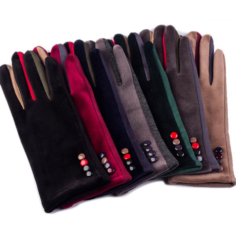 Autumn Winter Female Button Suede Leather Velvet Cashmere Full Finger Warm Bow Glove Women Embroidery Touch Screen Mitten F9