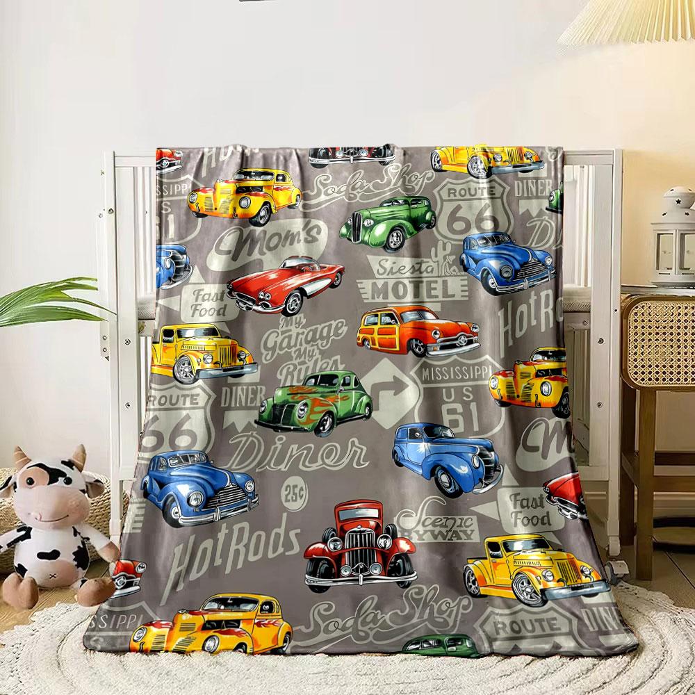 Vintage Cars Route 66 Pattern Blanket bedroom Blanket for Livingroom Couch lunch break Soft throw for Friend's festival Gift