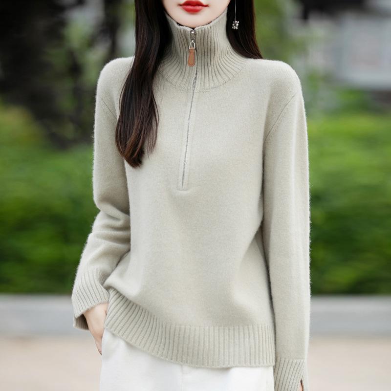 Women's Half-Zip Lapel Sweater - Autumn/Winter 2025 Loose Pure Color Knit Pullover