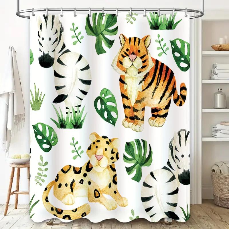 Wildlife Animal Print Shower Curtain with Green Leaves Black White Zebra Design for Bathroom Decor