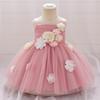 European & American Style One-Shoulder Baby Girl Wedding Dress with 3D Flowers, Ideal for First Birthday or Special Occasion Performance.