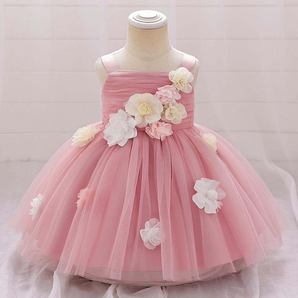 European & American Style One-Shoulder Baby Girl Wedding Dress with 3D Flowers, Ideal for First Birthday or Special Occasion Performance.