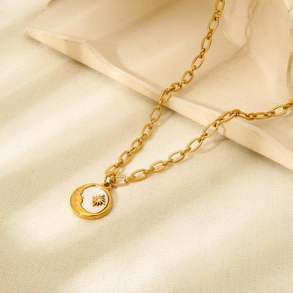Ins Retro Moon Star Inlaid Mother Shell Pendant Necklace Plated 18K Gold Cross Chain Stainless Steel Jewelry Women