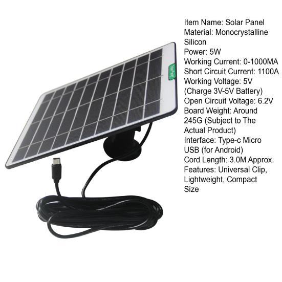 Solar Panel 5W Weather-Resistant Solar Charging Panel with Type-C To Micro-USB Output Doorbells Surveillance Cameras Solar Panel