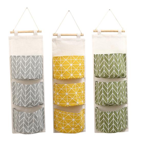 3 Pockets Wall Door Closet Home Hanging Storage Bag Linen Fabric Organizer Pouch
