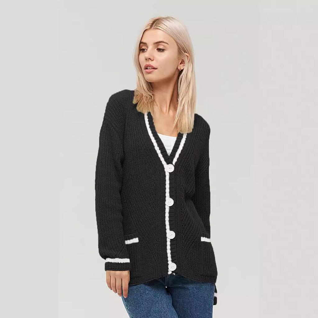 women's Knitted cardigan sweater autumn winter versatile V-neck pocket color matching knitted long-sleeved sweaters jacket women