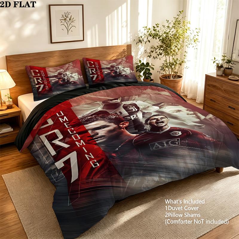 Cr7 Pattern Bedding Quilt Set Quilt Cover Pillowcase Home Birthday Gift(1 * Duvet Cover + 2 * Pillowcase, Without Core)