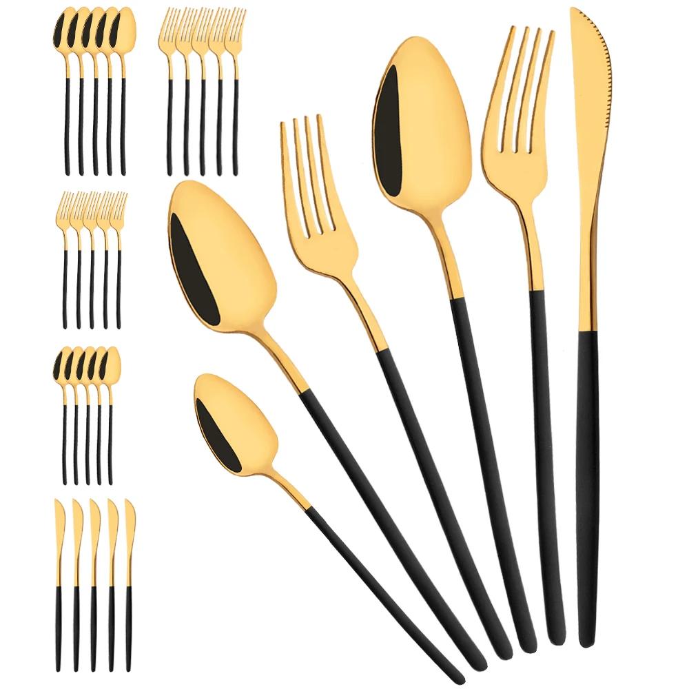 36Pcs Black Cutlery Sets Stainless Steel Knife Fork Spoon Tableware Dessert Mirror Flatware Set Festival Kitchen Dinnerware Gift