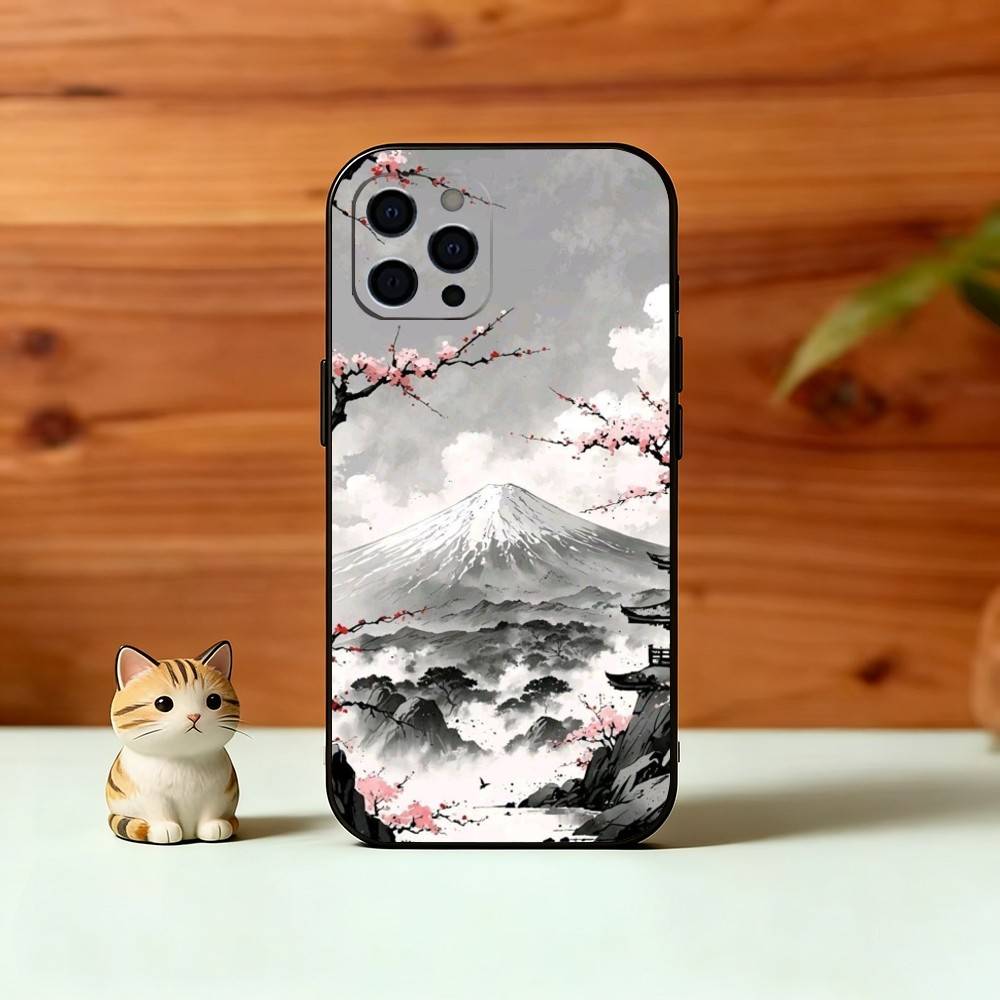 Dreamy Mount Fuji Phone Case For iPhone 17,16,15,14,13,12,11 Plus,Pro Max,XS,Soft Silicone Black Cover