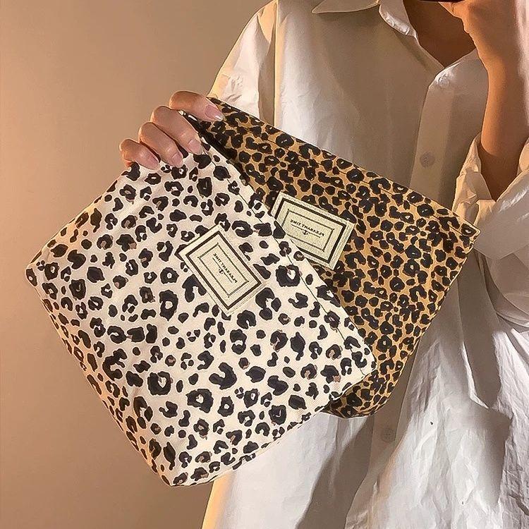 Leopard Print Canvas Makeup Bag For Women, Portable Travel, Skincare Products, Lipstick Storage Bag, Toiletry Bag