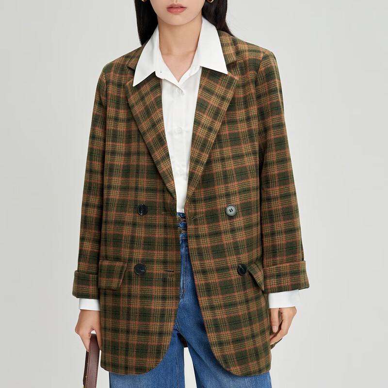 

Women s Plaid Mid-Length Wool Blazer Coat S