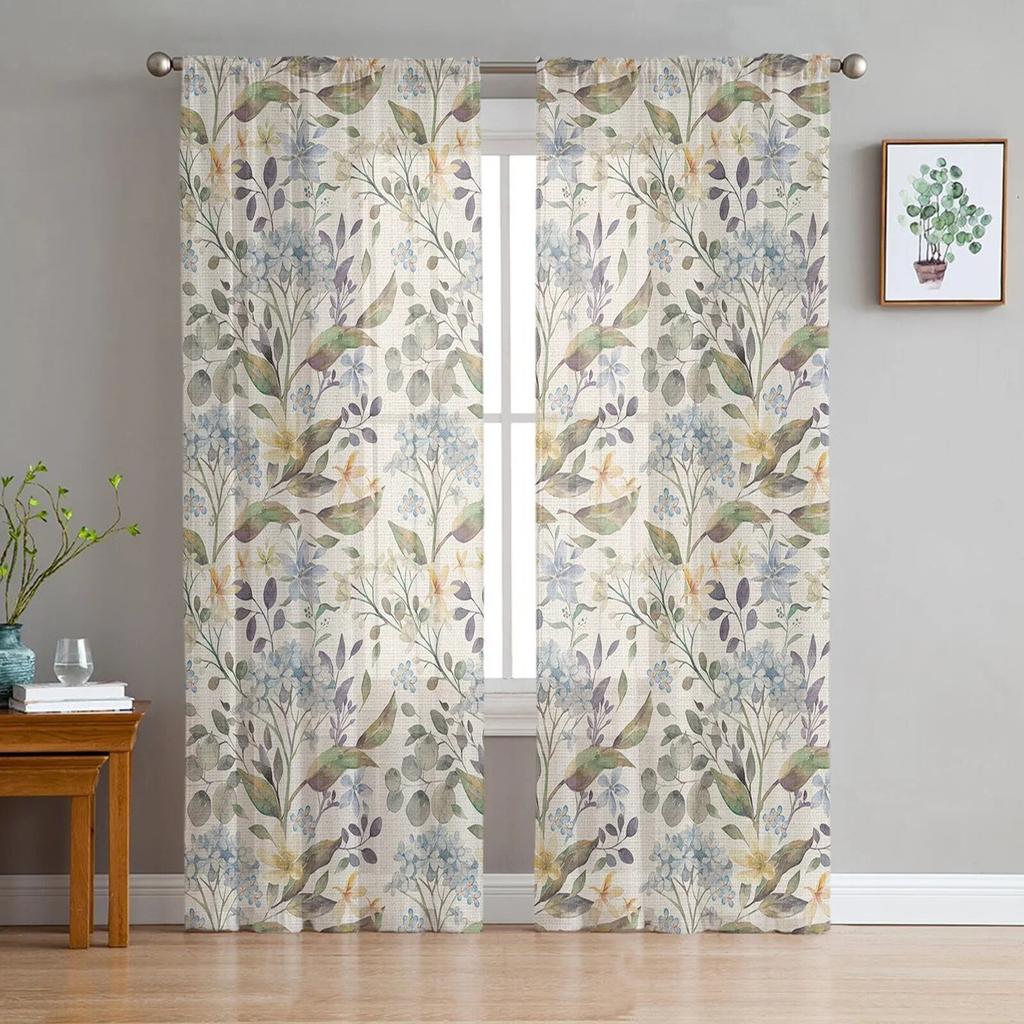 Spring Flowers Hydrangeas Sheer Curtains Transparent Voile Tulle for Bedroom Window Holiday Decoration