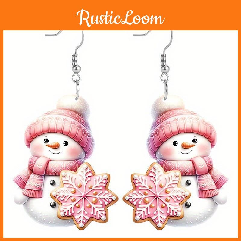 Cute Theme Christmas Cartoon Pink Hat Scarf Snowman Pattern Earrings Women