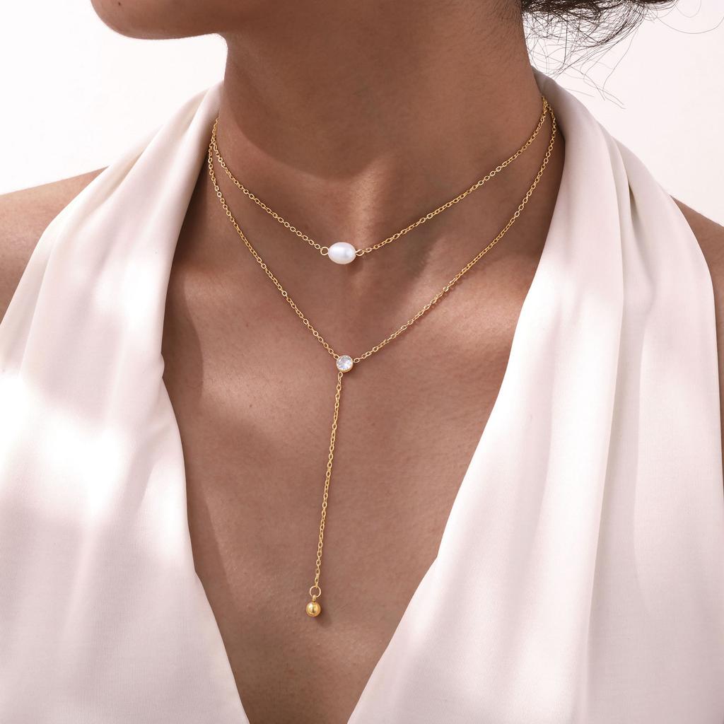 Titanium Steel Jewelry, Stainless Steel Double Chain Zircon Y-Shaped Necklace Wind Ladies Necklace Nc-1975