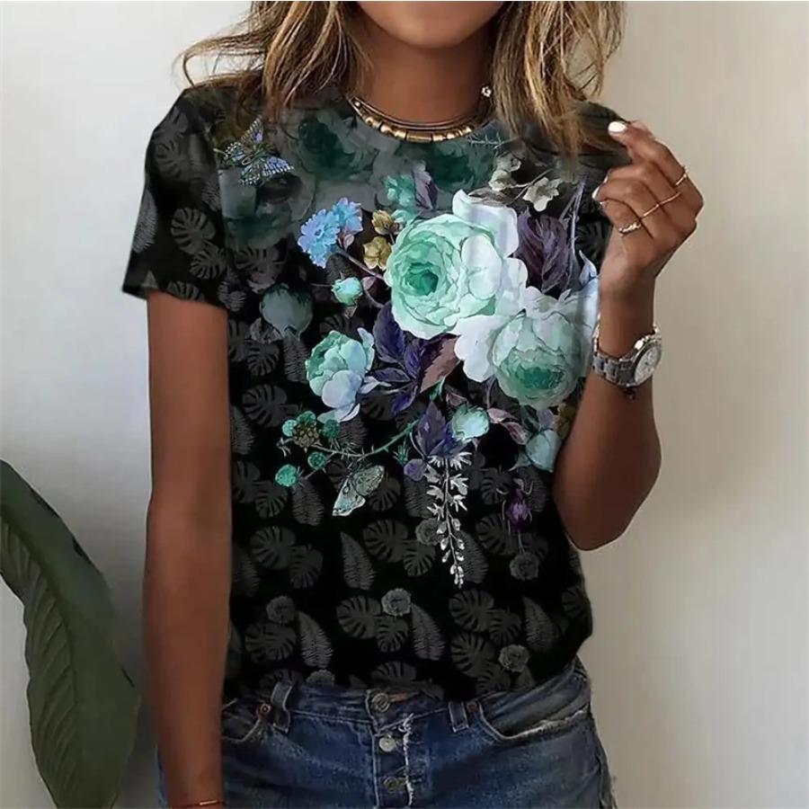 Neue Damen T-Shirt 3D Blumen Druck Oansatz Kurzarm Tops Tees Streetwear Weibliche Übergroße T-Shirt Mode Frau Kleidung