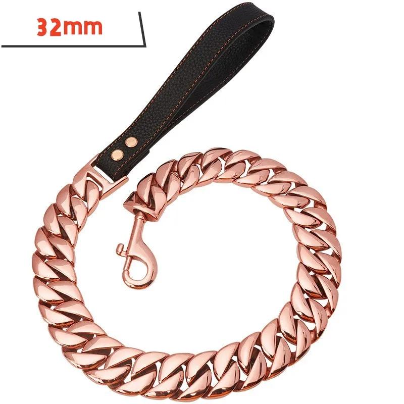Stainless Steel Dog Leash Pet  Lead Traction  Super Strong Gold Collar Chain 32mm 19mm Bulldog Pitbull Large Dog Collar Leash