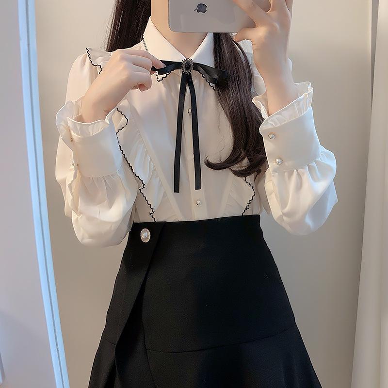 Women's Spring College Style Pearl Button Bow Ruffle Collar Blouse