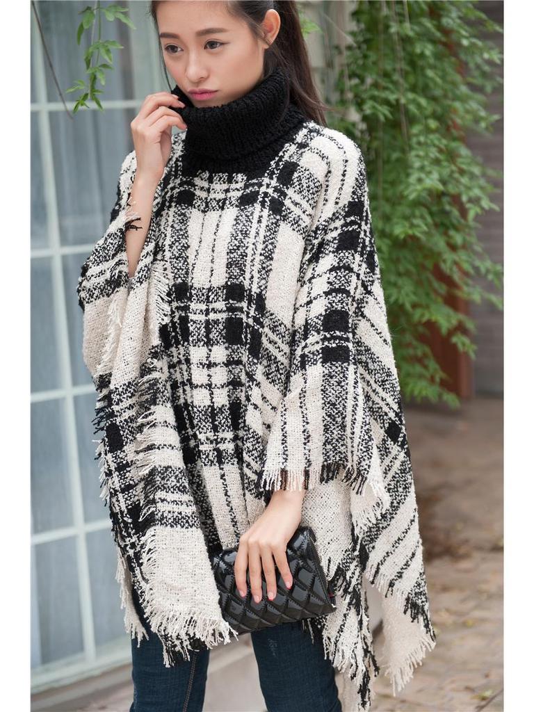 European and American High Neck Plaid Cape - Batwing Sleeve Knitted Pullover Shawl for Women