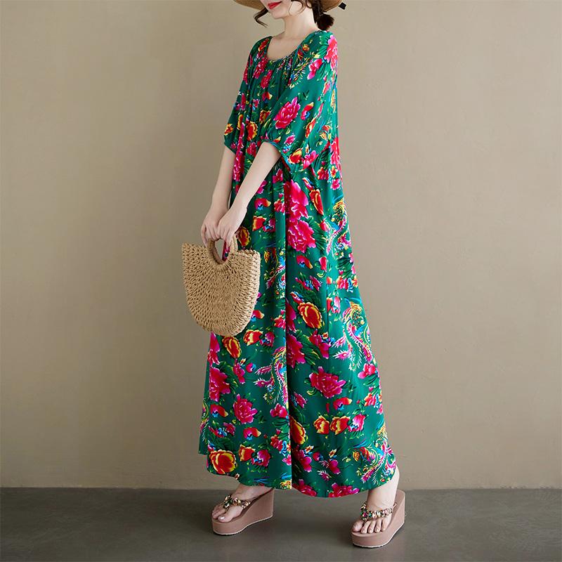 

Dimanaf 2025 летнее платье новое винтажное принтованное короткое рукава цветочное повседневное свободное женское платье больших размеров One Size зелёный