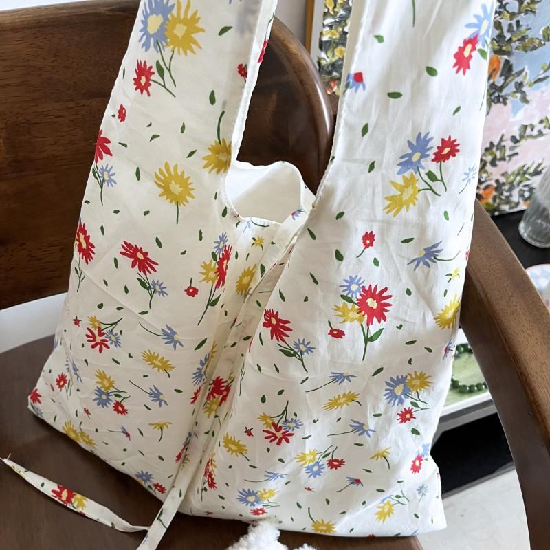 Ins Style Fresh Artistic Flower Bag Thin Cotton Cloth Three-color Small Floral Shoulder Canvas Vest