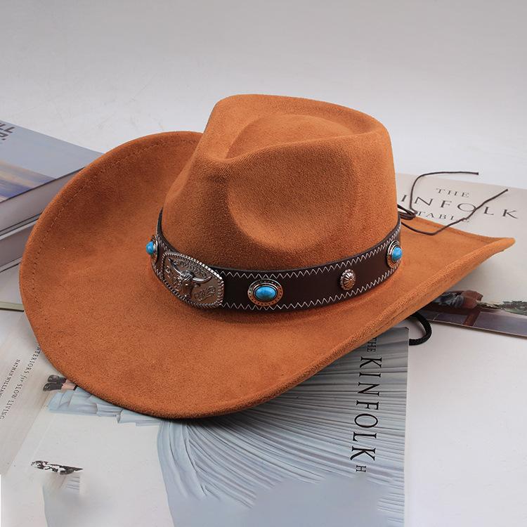 Western Cowboy Style Tibetan Bull Head Accessories Fashion Top Hat Autumn/Winter New Collection Deer Skin Velvet Large Edge Riding Hat