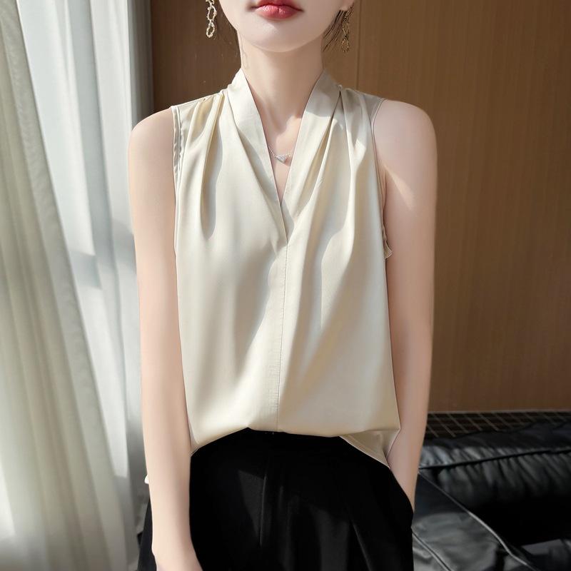 Silk satin vest suspender women's spring and summer new short loose V-neck solid color pullover sleeveless T-shirt top