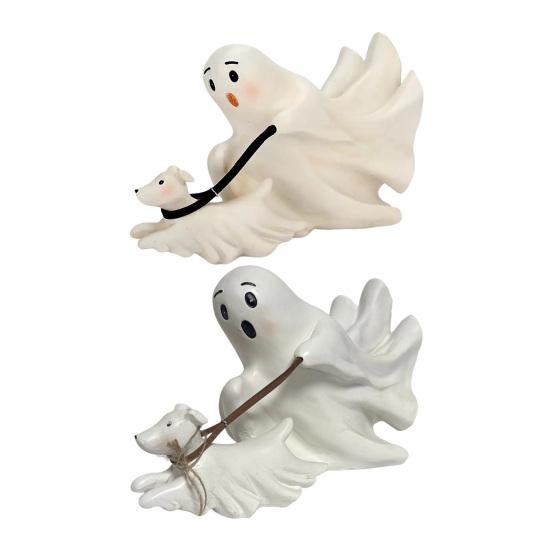 Halloween Ghost Walking Dog Statue Cute Ghost Dog Figurine Resin Ghost Sculpture Tabletop Ornament for Indoor Outdoor Decor