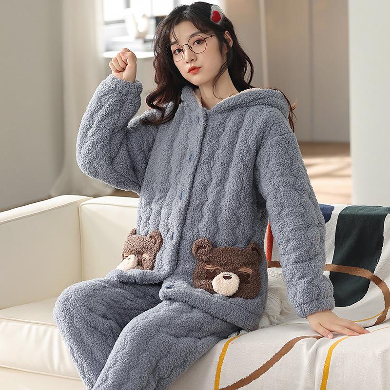 Coral Velvet Quilted Pajamas Women's Winter Three Layer Thick and Fleece Home Wear Women's Winter Flannel Thermal Set