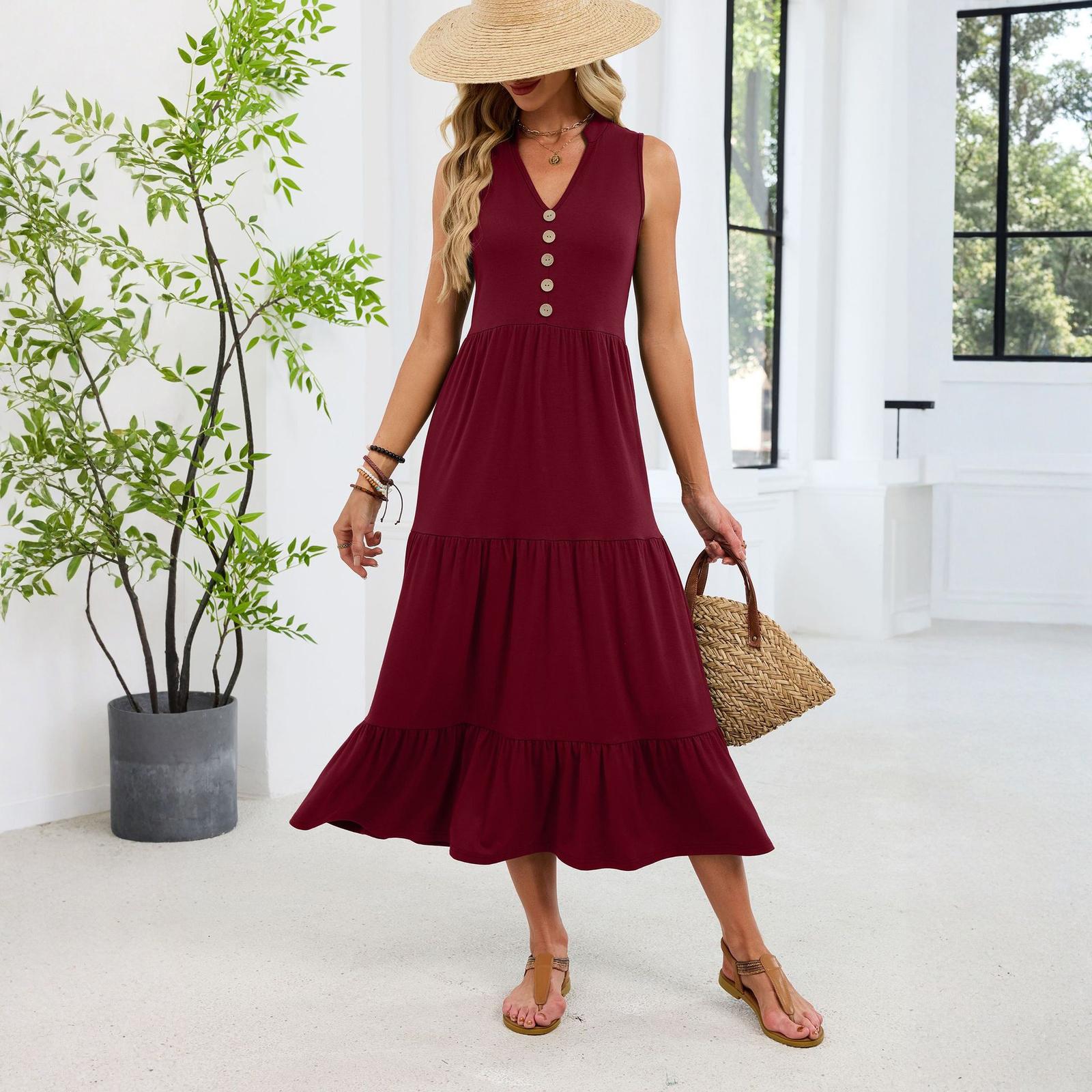 

Women s Fashionable Solid Color V-neck Button Sleeveless Long Pleated Loose Dress XL винний
